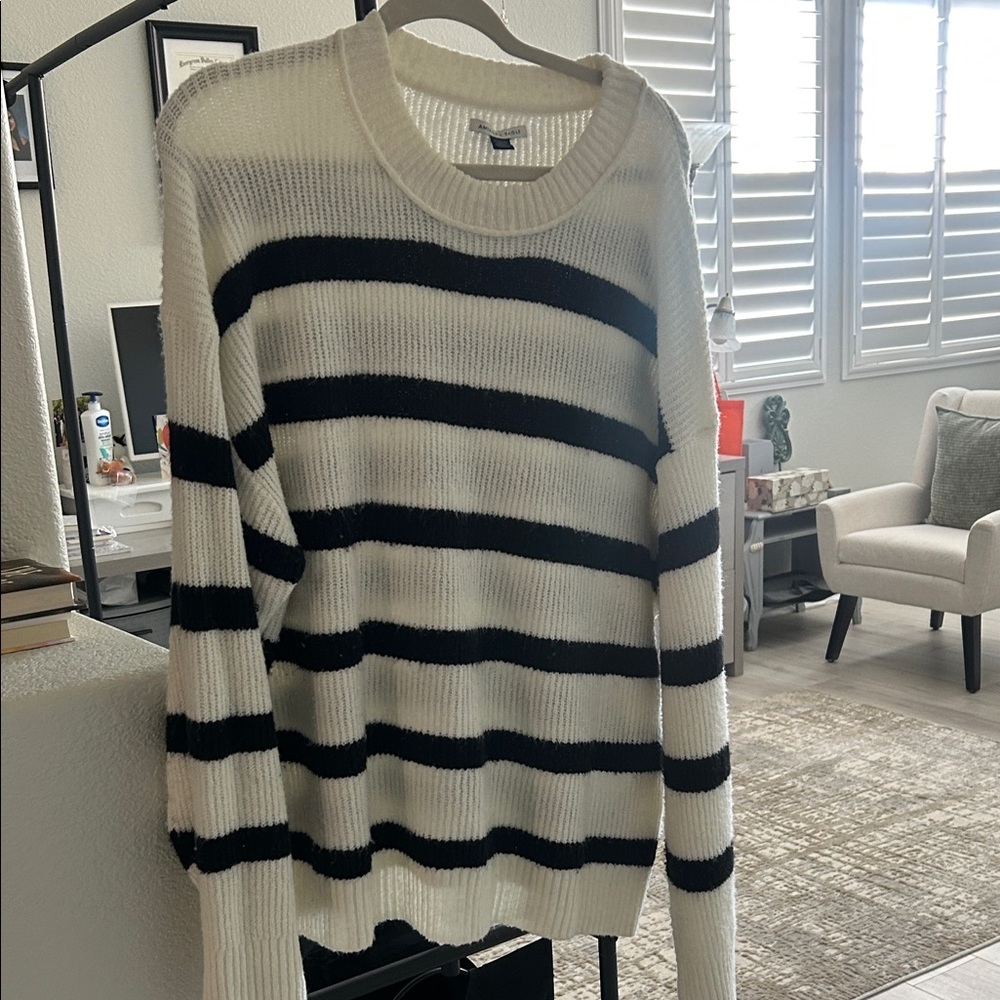 American Eagle Outfitters Black and White Striped Crewneck Sweater